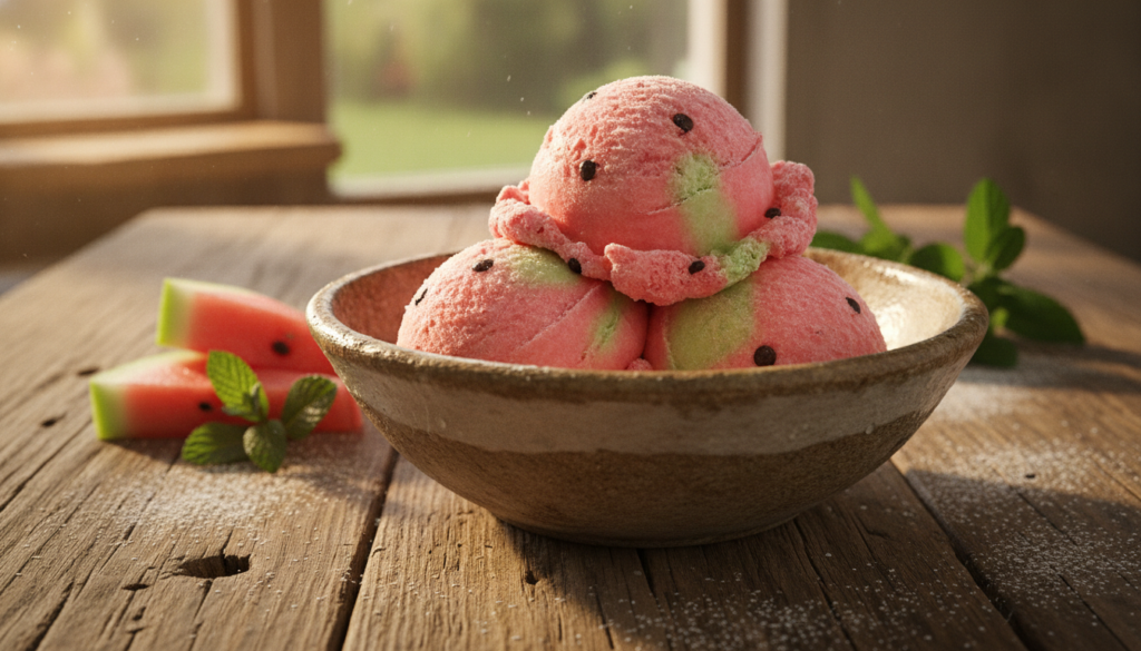 A vibrant scoop of homemade watermelon ice cream in a bowl garnished with a small mint leaf and a tiny piece of fresh wa