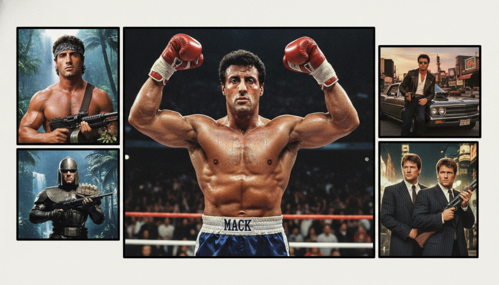 A dynamic collage of Sylvester Stallone s most iconic action roles showing Rocky Balboa in a boxing stance John Rambo wi