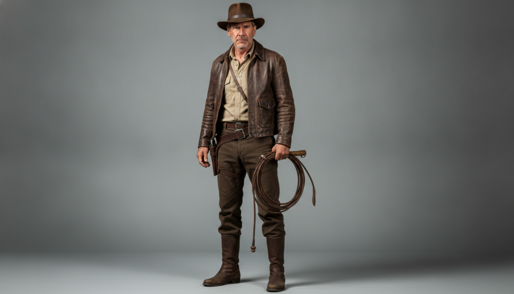 A real publicity photo of Harrison Ford as Indiana Jones wearing his iconic fedora and leather jacket with a serious but