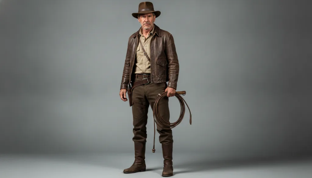 A real publicity photo of Harrison Ford as Indiana Jones wearing his iconic fedora and leather jacket with a serious but