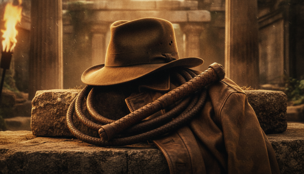 A high-contrast vintage 1980s cinematic square shot showing a dusty distressed brown felt fedora resting on a coiled lea