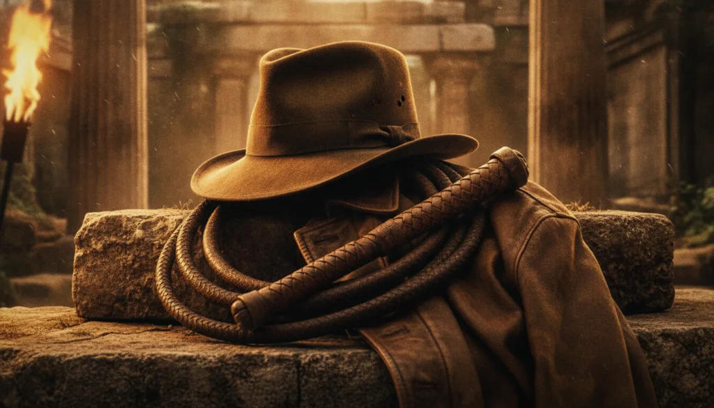 A high-contrast vintage 1980s cinematic square shot showing a dusty distressed brown felt fedora resting on a coiled lea