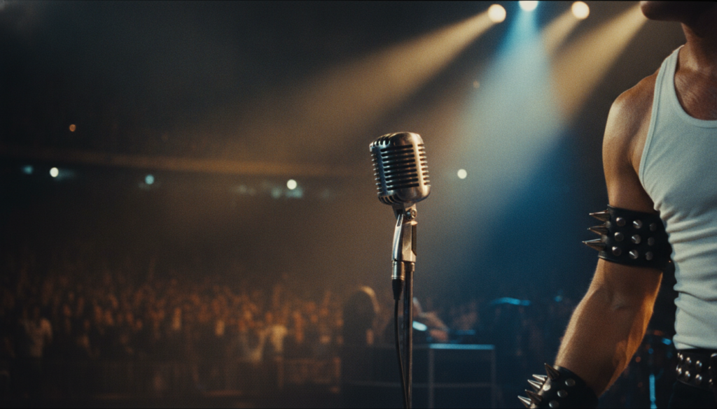 A high-contrast vintage 1980s concert shot featuring a microphone white tank top and studded armband