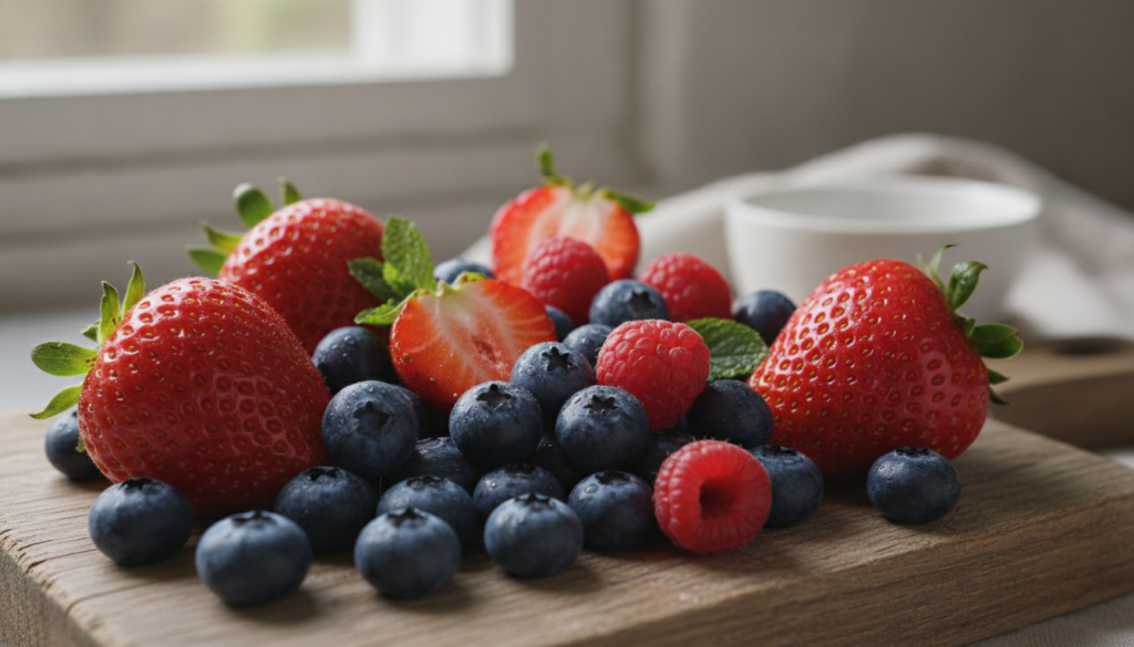 A close-up of fresh mixed berries strawberries blueberries and raspberries illustrating the healthy ingredients for the 