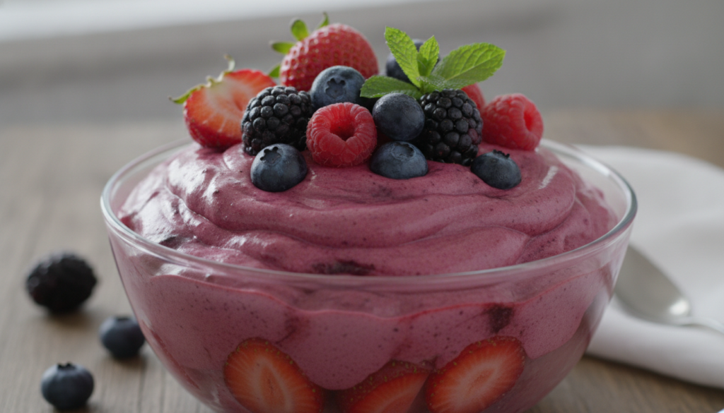 A vibrant creamy frozen berry mousse in a clear glass bowl garnished with fresh berries and a mint sprig The mousse has 