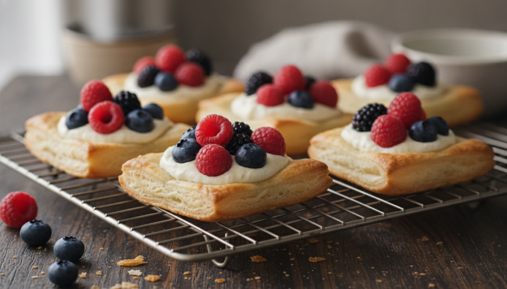 Small square puff pastry tarts with a dollop of cream cheese filling and a mix of fresh berries on top golden brown and 