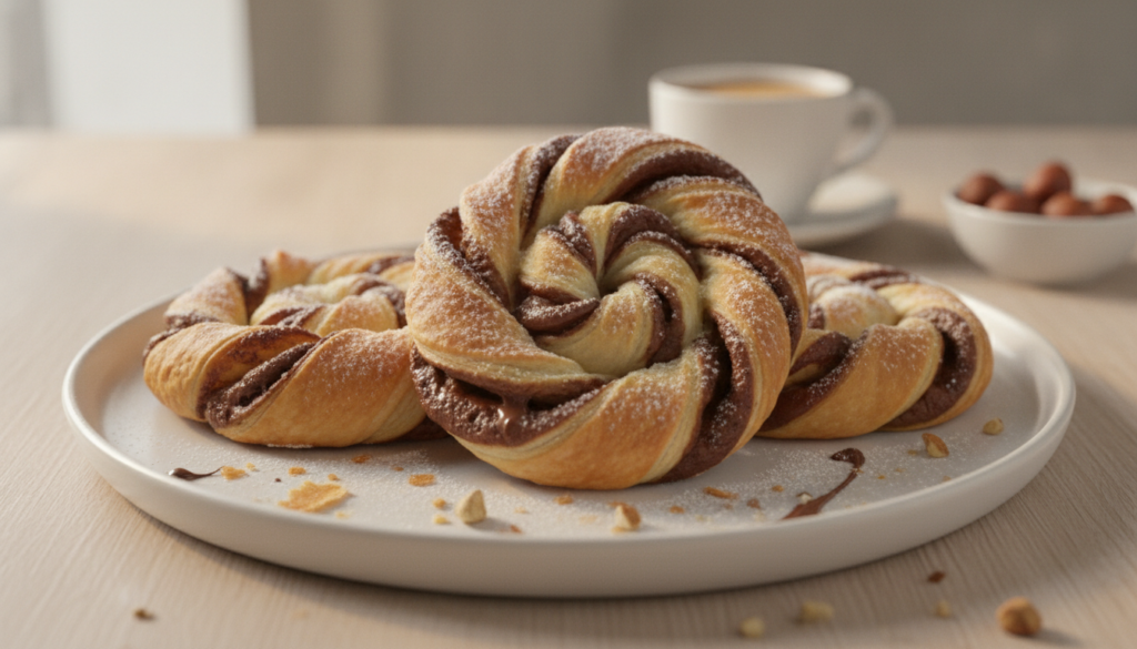 Twisted golden puff pastry sticks filled with rich chocolate hazelnut spread on a white serving platter
