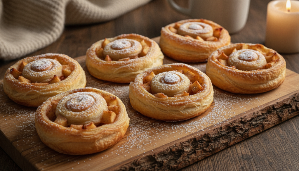 Golden-brown puff pastry swirls with apple and cinnamon filling lightly dusted with powdered sugar on a plate