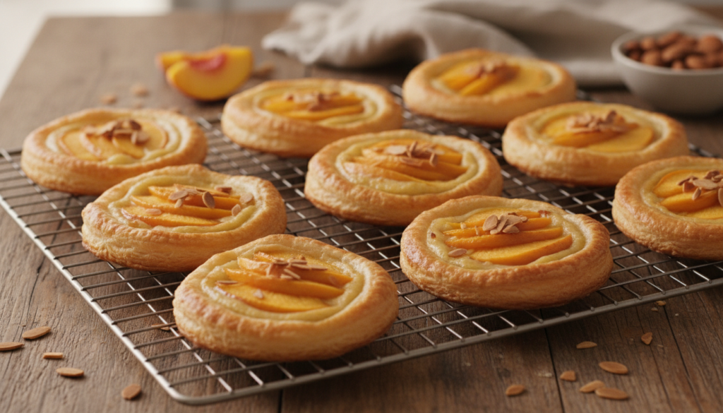 Puff pastry danishes with sliced peaches and a dusting of sliced almonds baked to golden perfection