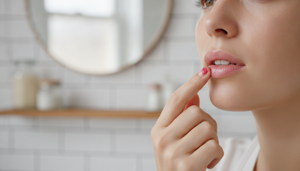A woman applying a small amount of a homemade balm to her lips or cheek demonstrating the gentle application of the beau