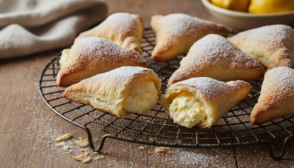 Triangular puff pastry pockets filled with lemon ricotta dusted with powdered sugar on a wire rack