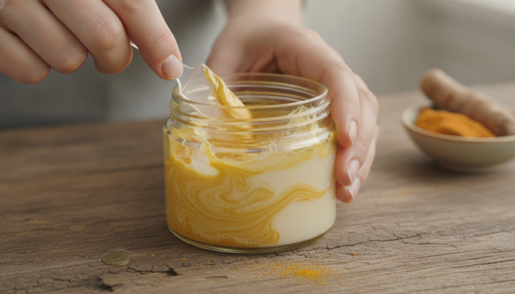 A close-up of hands mixing Vaseline with a natural powder in a small glass jar showing the blending process of a DIY bal