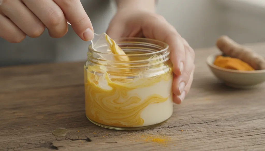 A close-up of hands mixing Vaseline with a natural powder in a small glass jar showing the blending process of a DIY bal