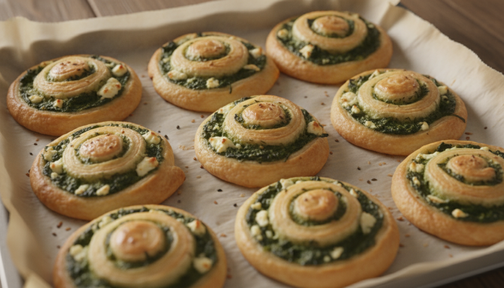 Small golden-brown puff pastry pinwheels filled with a vibrant spinach and feta mixture arranged on a baking sheet