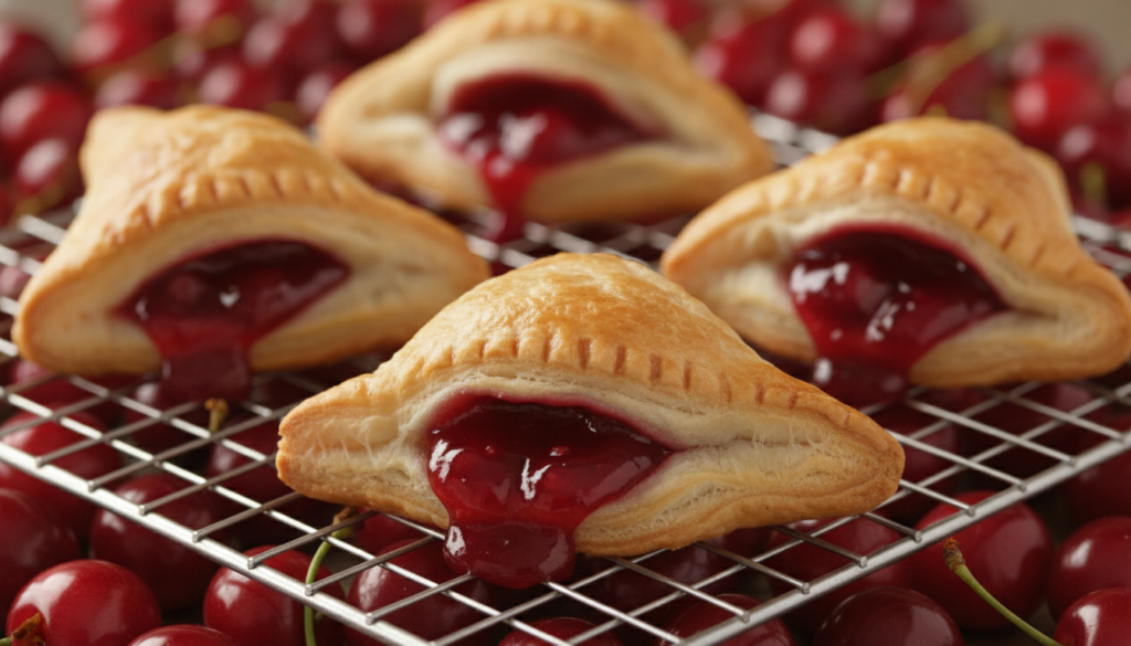 Small triangular puff pastry turnovers filled with cherry pie filling with crimped edges and a glossy top on a cooling r