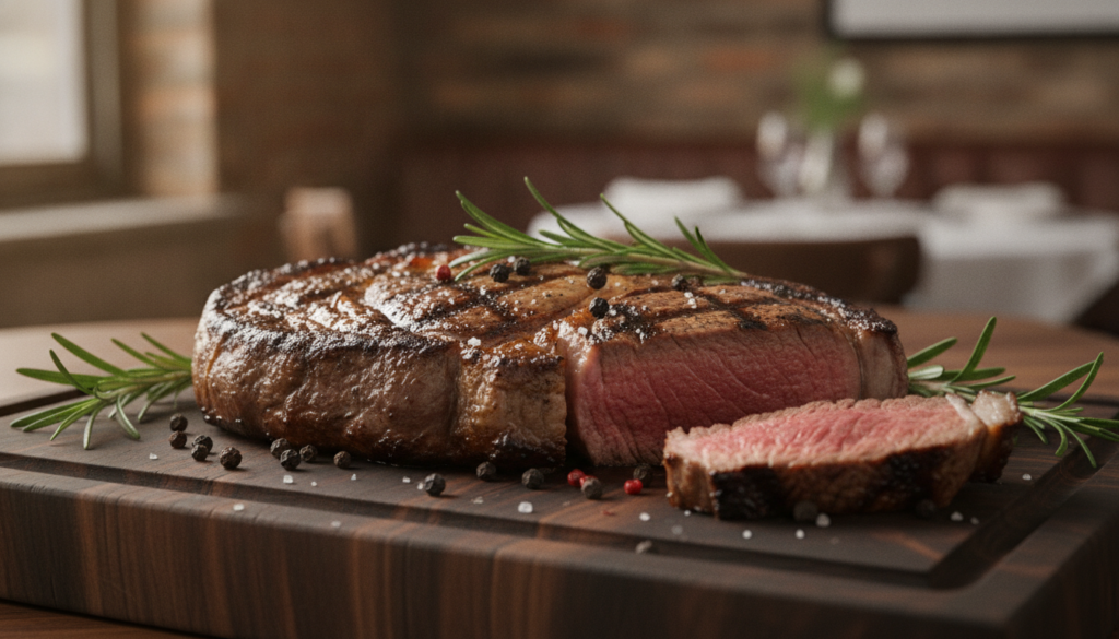 A juicy grilled beef steak with sprigs of rosemary and scattered peppercorns