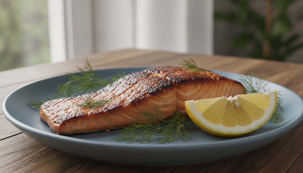 A beautifully seared salmon fillet topped with fresh dill and a lemon wedge
