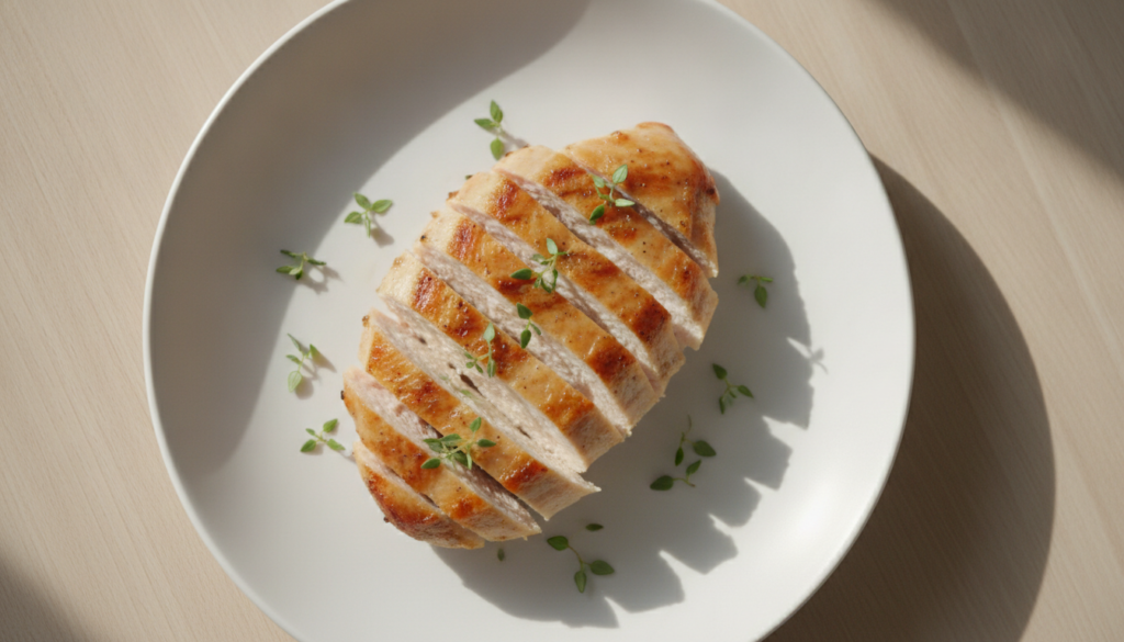 A perfectly cooked sliced chicken breast garnished with fresh thyme leaves