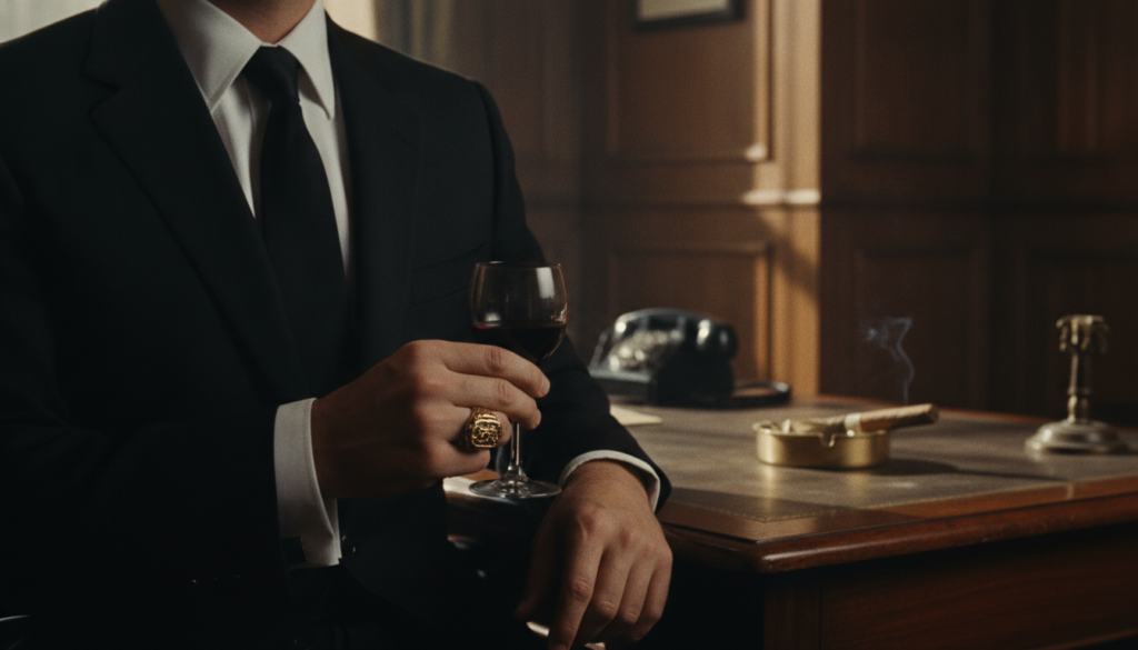 A dramatic high-contrast square shot of a man s upper torso in a 1970s mobster setting holding a glass of wine