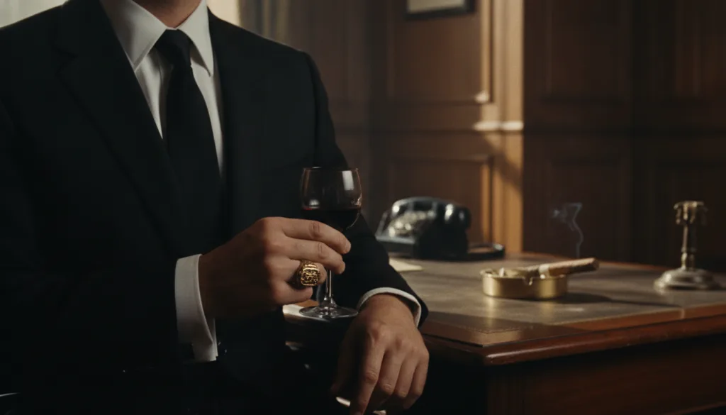 A dramatic high-contrast square shot of a man s upper torso in a 1970s mobster setting holding a glass of wine