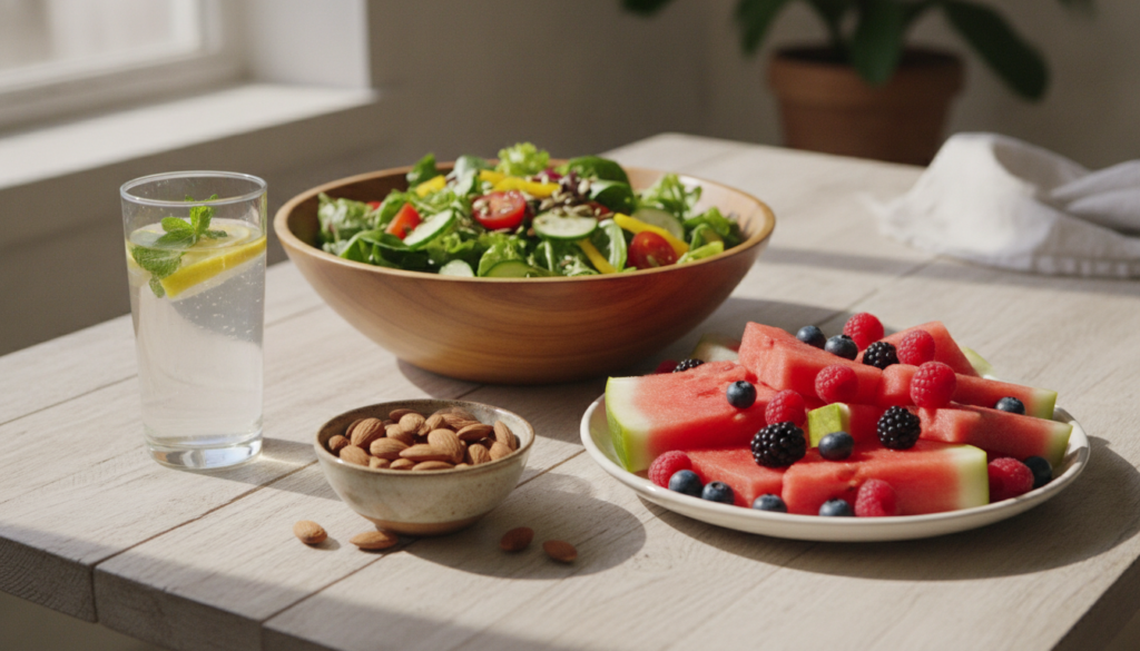 A vibrant colorful spread of low-sodium hydrating and mindful food choices such as a fresh salad bowl sliced fruits like