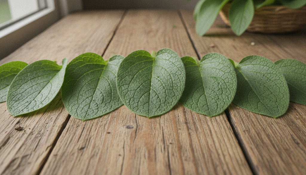 A collection of freshly harvested green Comfrey leaves showing their hairy texture and prominent veins laid out on a woo