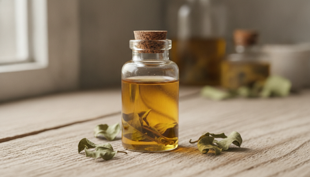 A small glass bottle filled with golden Brahmi infused oil with a few dried Brahmi leaves visible at the bottom suggesti