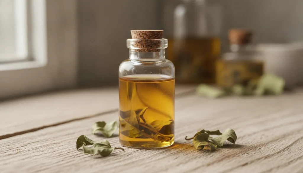 A small glass bottle filled with golden Brahmi infused oil with a few dried Brahmi leaves visible at the bottom suggesti