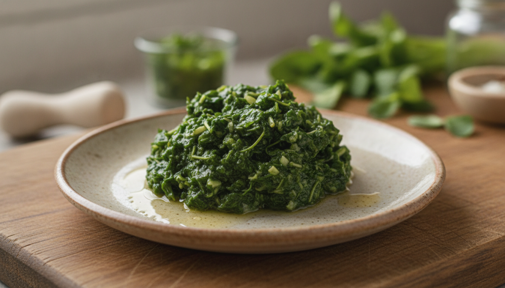 A freshly prepared chickweed poultice on a small plate showing the crushed green herb with some moisture ready for appli