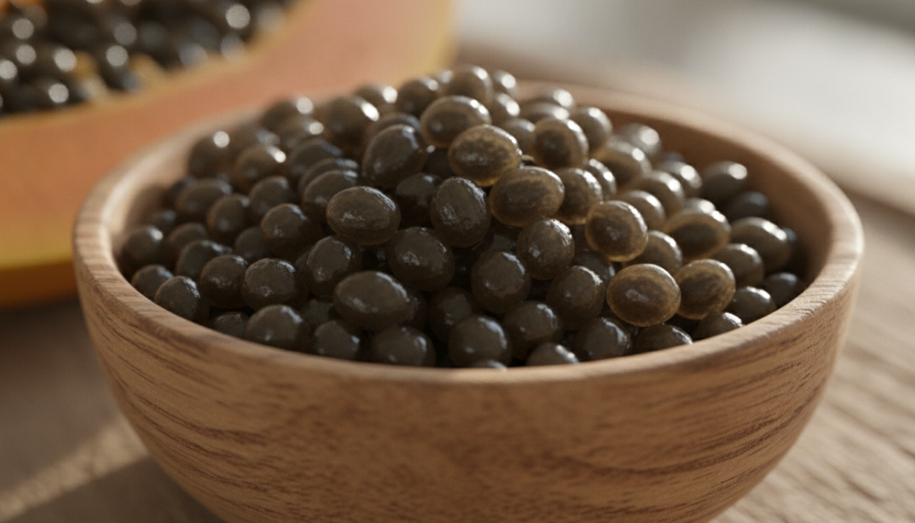 Close-up of fresh black papaya seeds in a small wooden bowl next to a slice of orange papaya highlighting their texture 