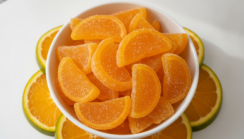 A white ceramic bowl overflowing with sugar-coated orange slice-shaped gummies accompanied by fresh orange slices Bright