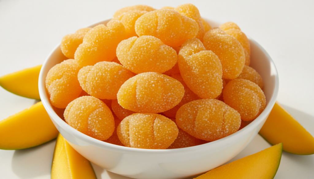 A white ceramic bowl overflowing with sugar-coated mango-shaped gummies accompanied by fresh mango slices Bright clean f