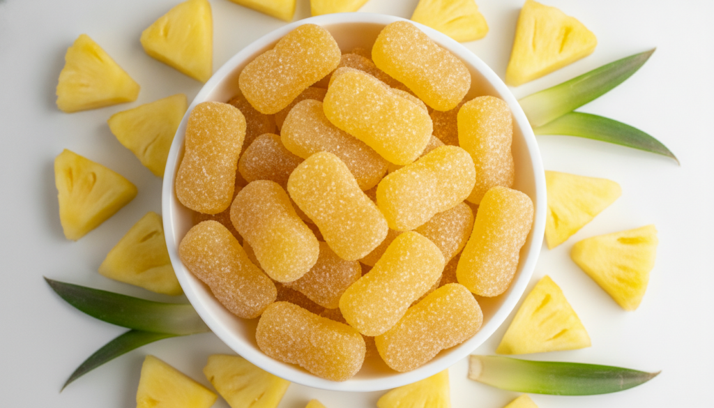 A white ceramic bowl overflowing with sugar-coated pineapple-shaped gummies accompanied by fresh pineapple chunks Bright