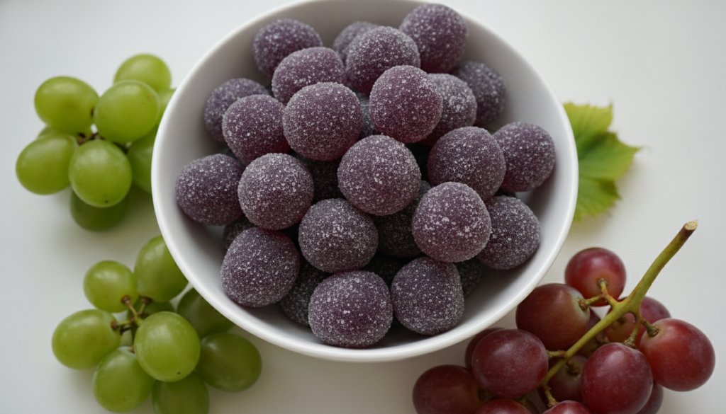 A white ceramic bowl overflowing with sugar-coated grape-shaped gummies accompanied by fresh grapes Bright clean food ph