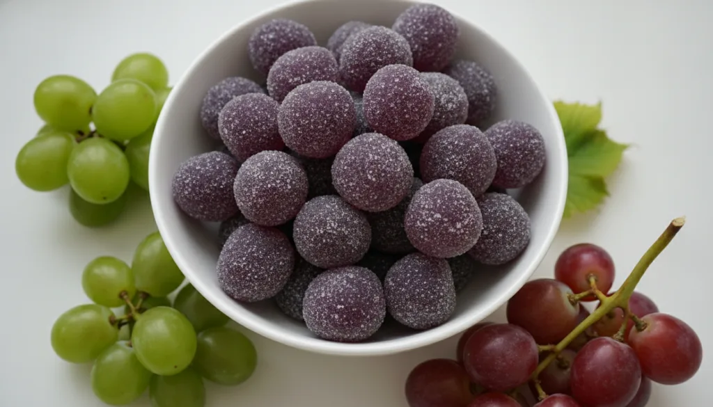 A white ceramic bowl overflowing with sugar-coated grape-shaped gummies accompanied by fresh grapes Bright clean food ph