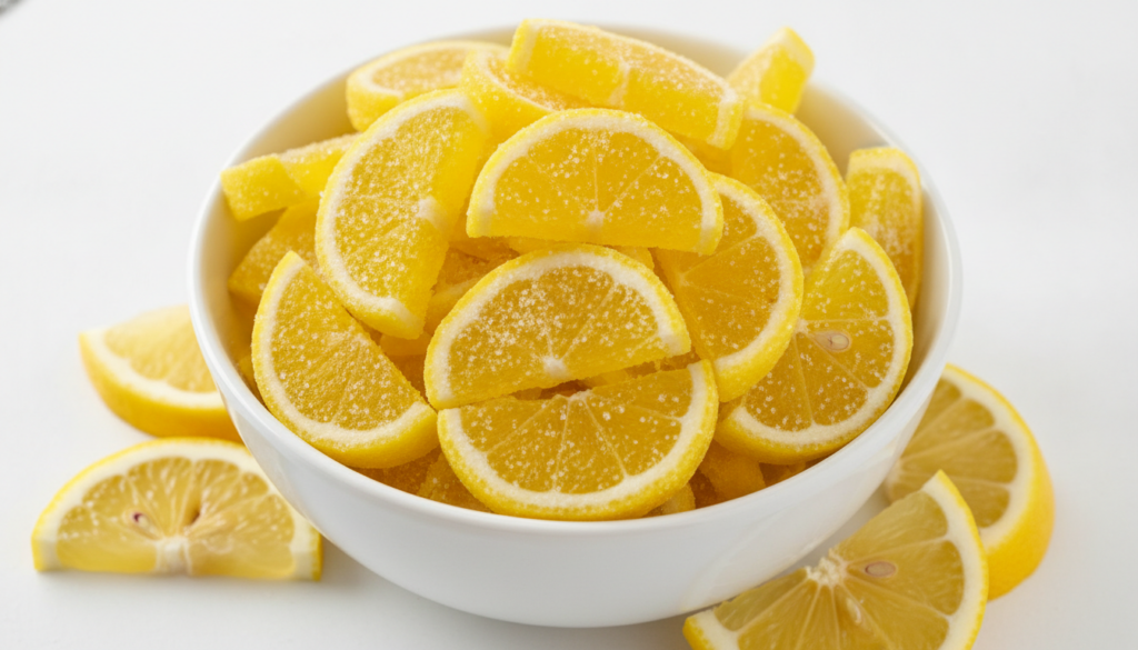A white ceramic bowl overflowing with sugar-coated lemon slice-shaped gummies accompanied by fresh lemon slices Bright c