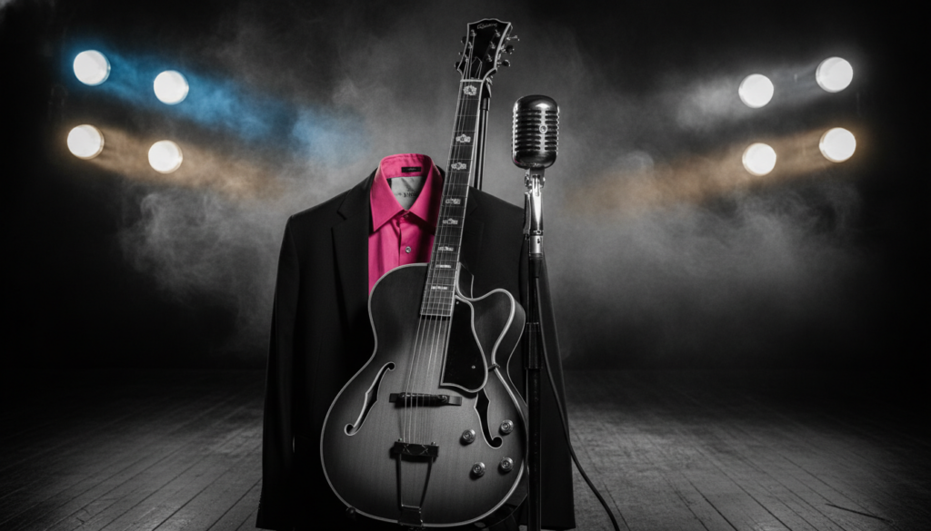 High-contrast vintage 1950s rock-and-roll scene featuring a chrome Shure 55 microphone and a hollow-body acoustic guitar
