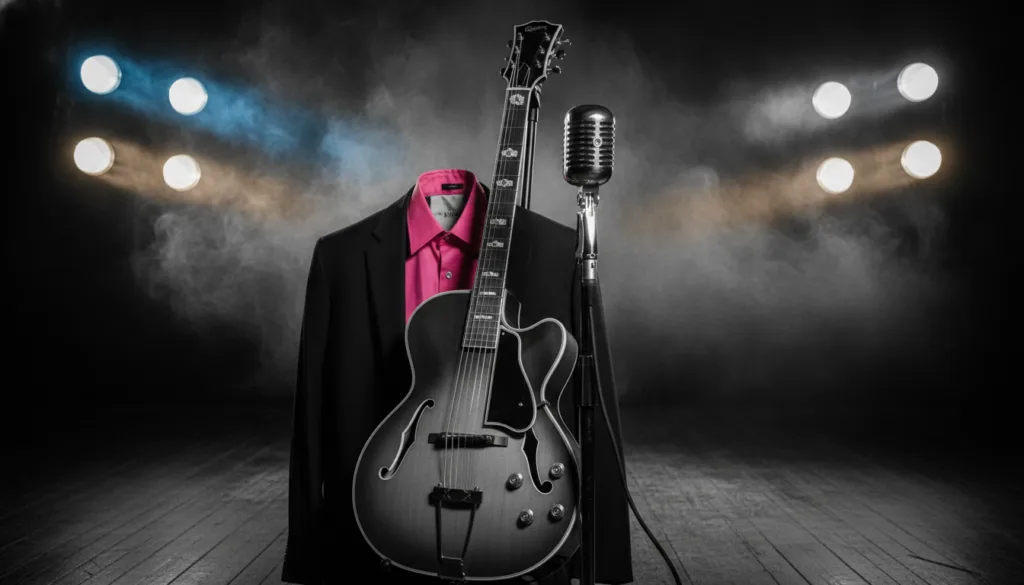 High-contrast vintage 1950s rock-and-roll scene featuring a chrome Shure 55 microphone and a hollow-body acoustic guitar