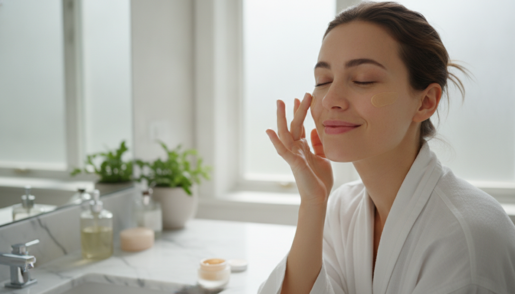 A woman gently applying the Vaseline and coffee balm to her cheek smiling slightly with soft lighting