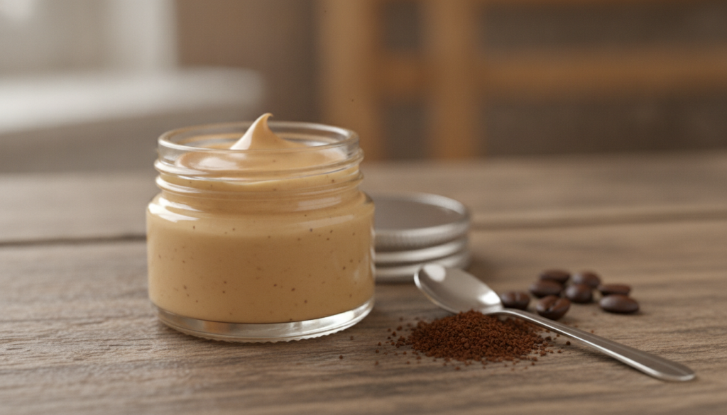 A small clean glass jar filled with the prepared Vaseline and coffee balm with a spoon beside it