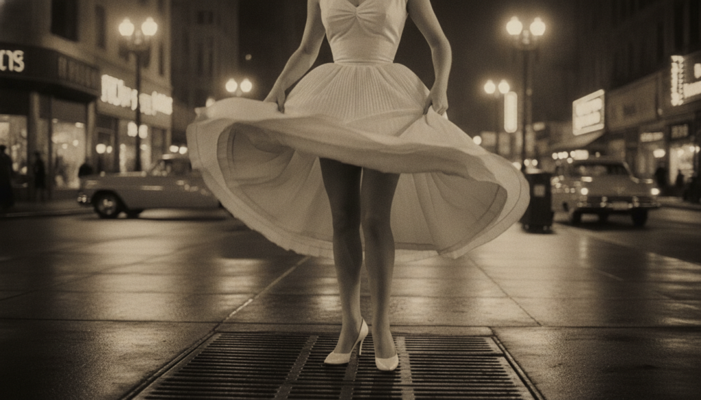 A high-contrast vintage 1950s cinematic square shot showing an ivory white pleated cocktail dress blowing gracefully upw