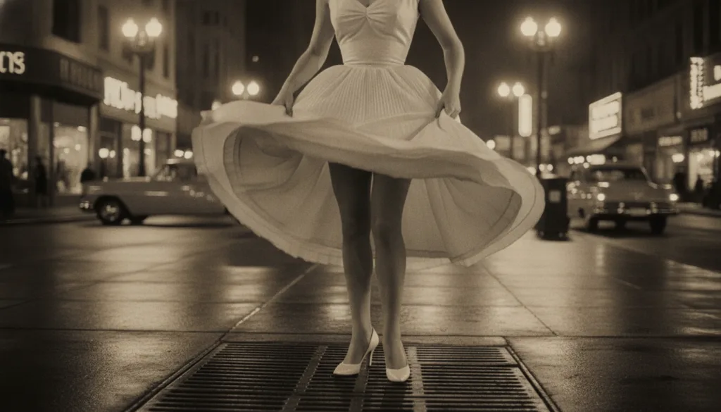 A high-contrast vintage 1950s cinematic square shot showing an ivory white pleated cocktail dress blowing gracefully upw