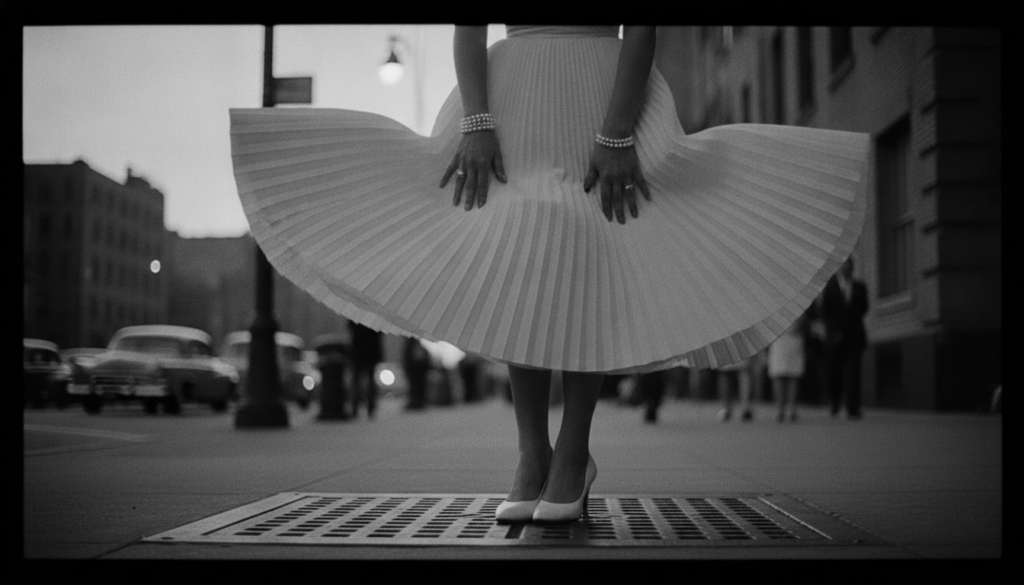 A high-contrast vintage 1950s cinematic square shot of an ivory white pleated cocktail dress blowing gracefully upward o