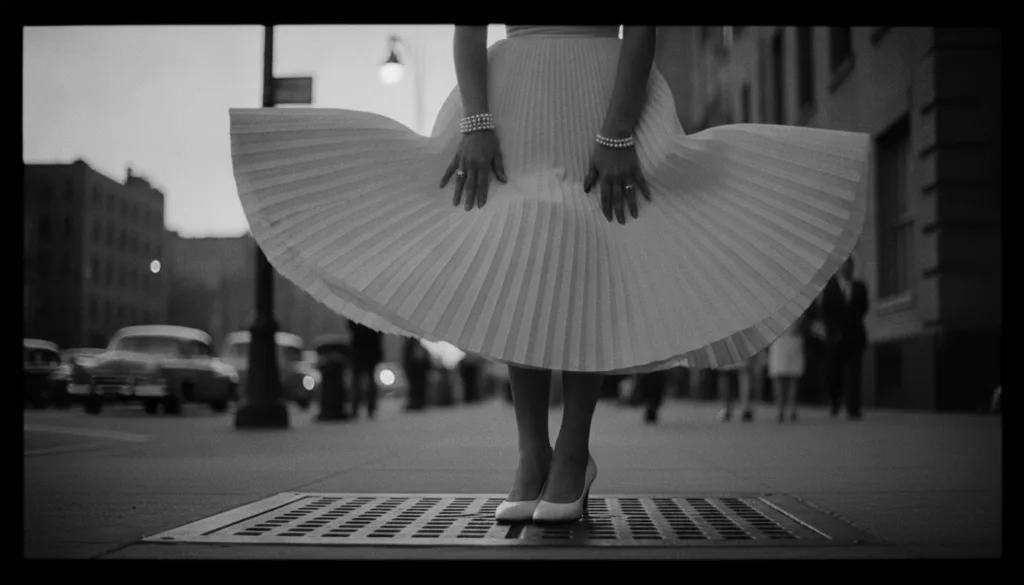 A high-contrast vintage 1950s cinematic square shot of an ivory white pleated cocktail dress blowing gracefully upward o