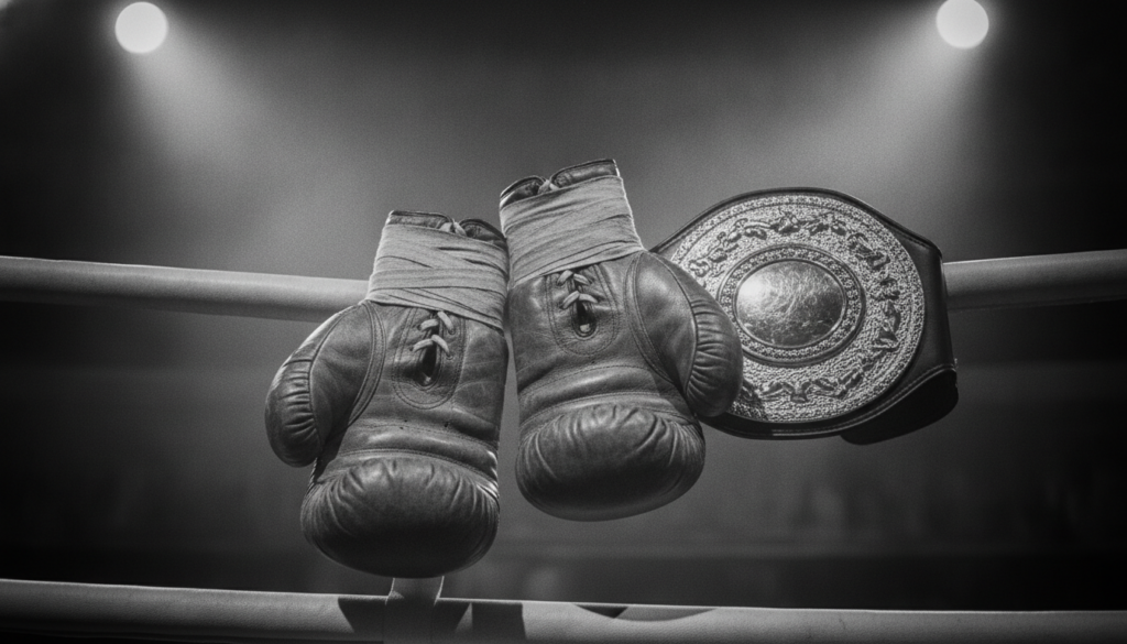 A gritty high-contrast vintage monochrome square shot showing a pair of well-worn vintage leather lace-up boxing gloves 