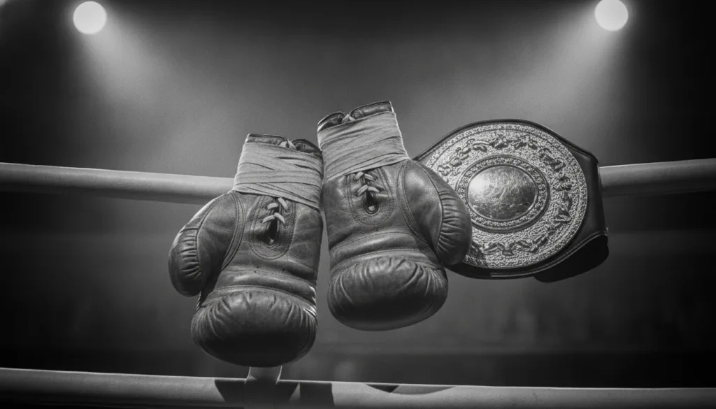 A gritty high-contrast vintage monochrome square shot showing a pair of well-worn vintage leather lace-up boxing gloves 