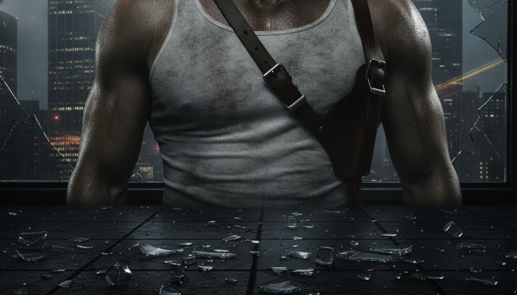 Gritty 80s action hero details like tank top holster and shattered glass
