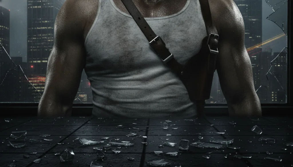 Gritty 80s action hero details like tank top holster and shattered glass