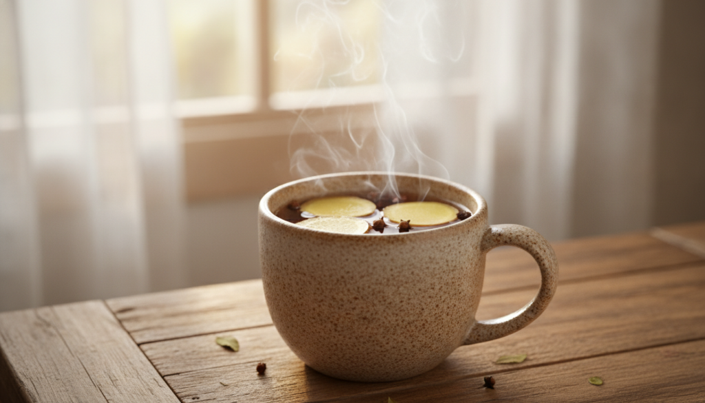 A steaming mug of herbal tea with visible pieces of ginger and whole cloves floating in it next to a window with soft na