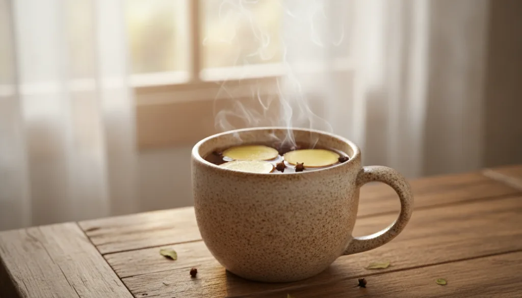 A steaming mug of herbal tea with visible pieces of ginger and whole cloves floating in it next to a window with soft na